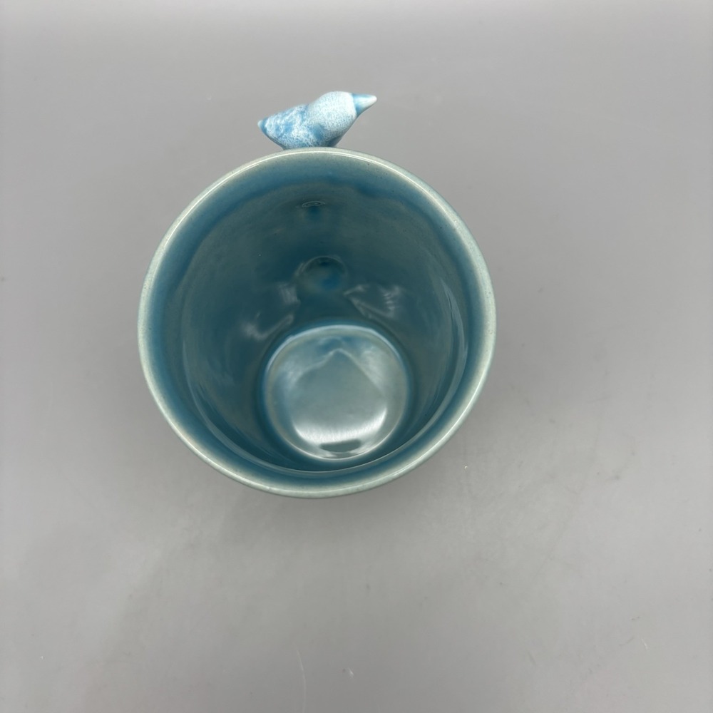 Studio Art Pottery Mug Teal Glazed W/Bird On Handle Signed Bird Lover - Picture 5 of 8